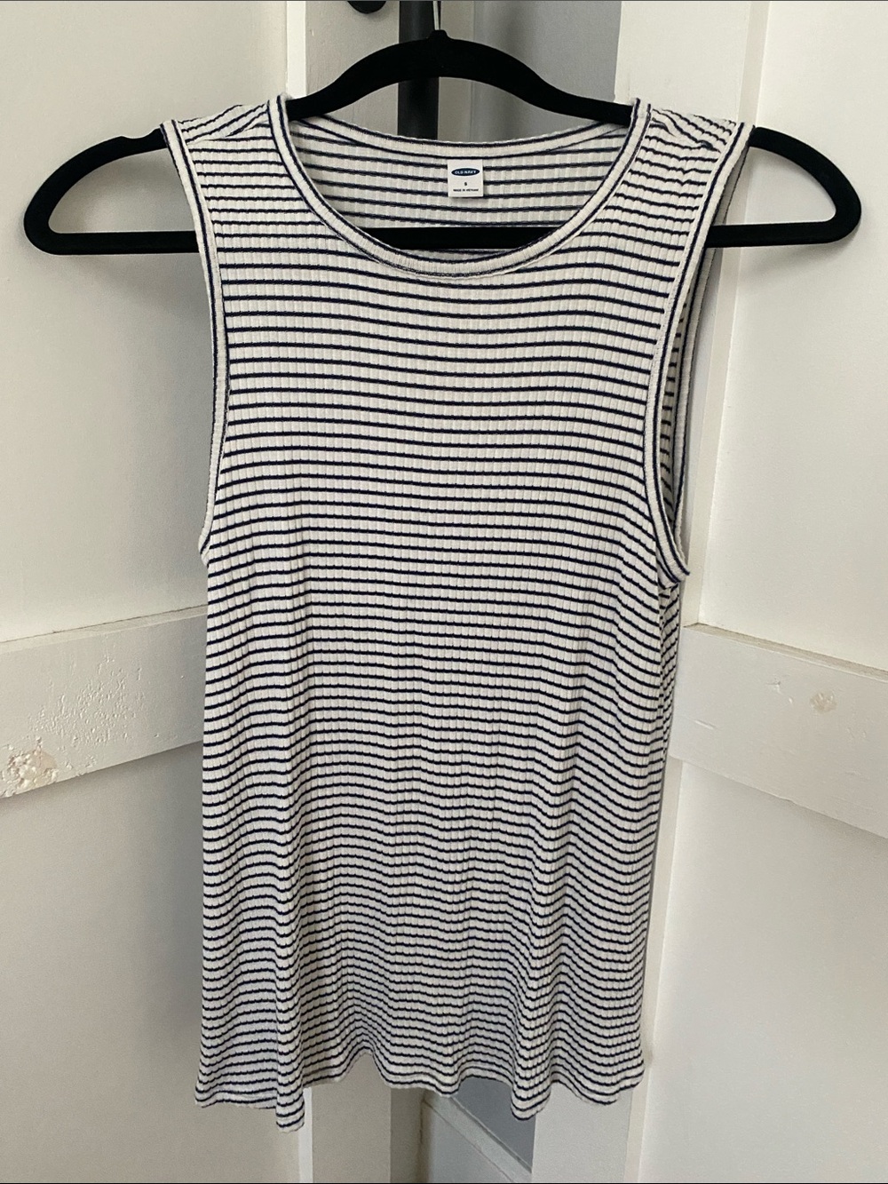 Old Navy Women’s White Tank Top with Navy Stripes, fits small/medium